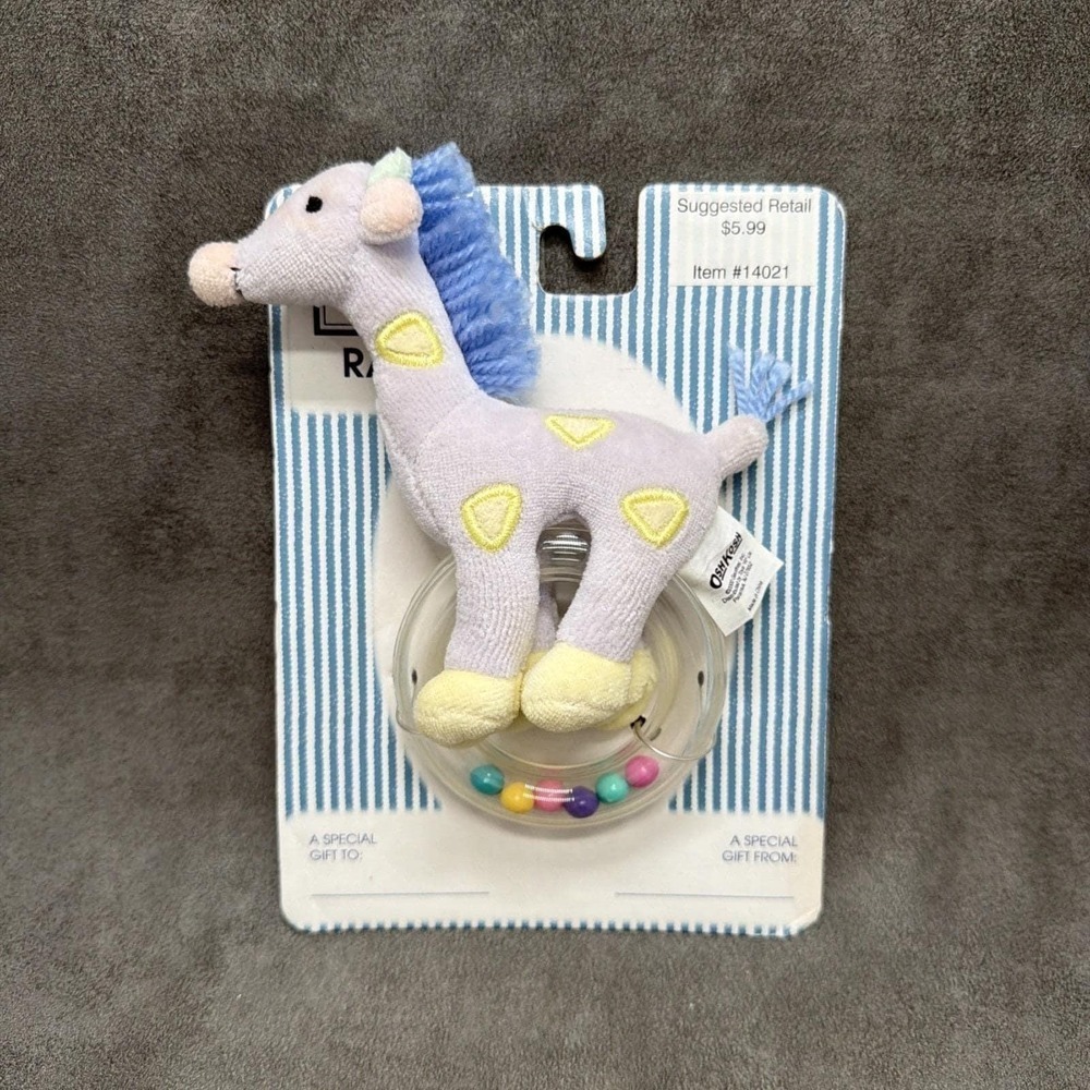 Vintage Toys R Us Oshkosh B'gosh Lavender Giraffe Plush With Rattle Ring Beads